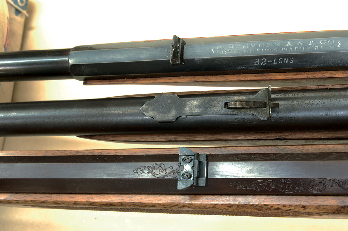 Shown from top to bottom are the solid steel rear sight on the earliest Favorite, the sporting adjustable  offered later and the common modern replacement.